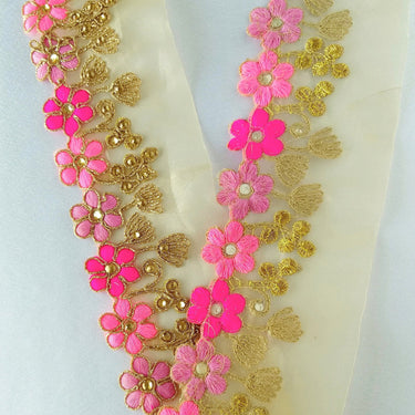 Gold Sheer Tissue Fabric Trim With Embroidered Pink & Gold Flowers, Embellished With Beads, Approx. 65 mm Wide - 210119L102